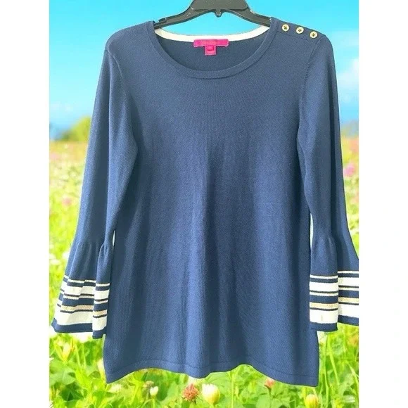 Lily Pulitzer Navy Blue Pullover Sweater 3/4 Bell Sleeve Gold Detail Size Medium - Picture 7 of 10